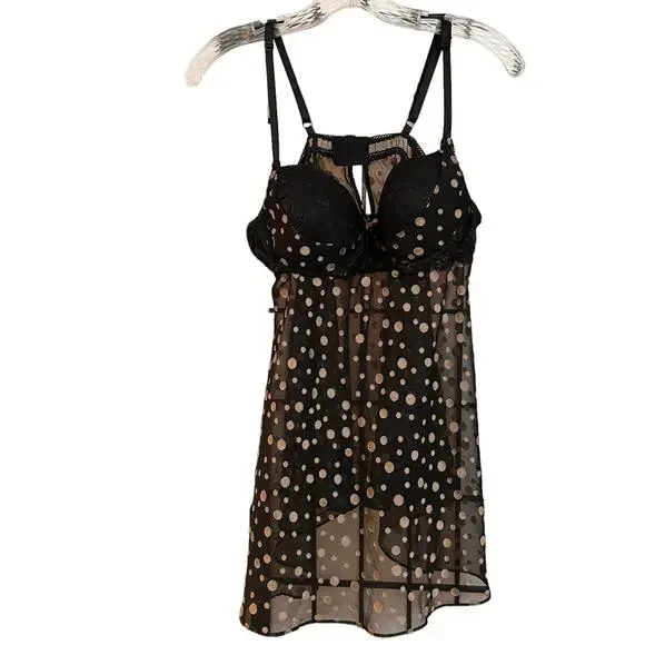 Belle Nuit Polka Dot Sheer Black Nightgown Intimates Sz Large - Picture 1 of 7
